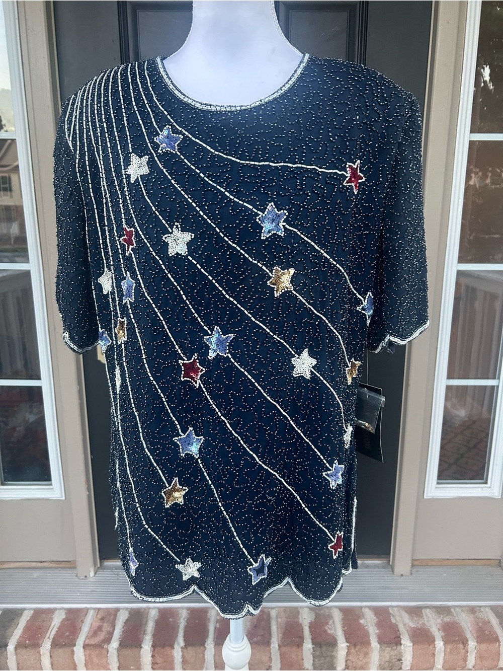 Vintage 90s 2000s Ornate Beaded Star Embellished Navy Silk Blouse Top 1X